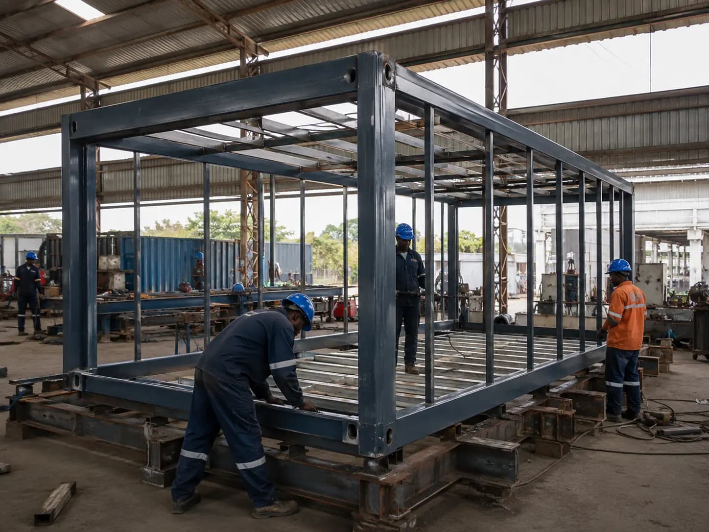 Assembly of a modular building’s steel frame in a workshop