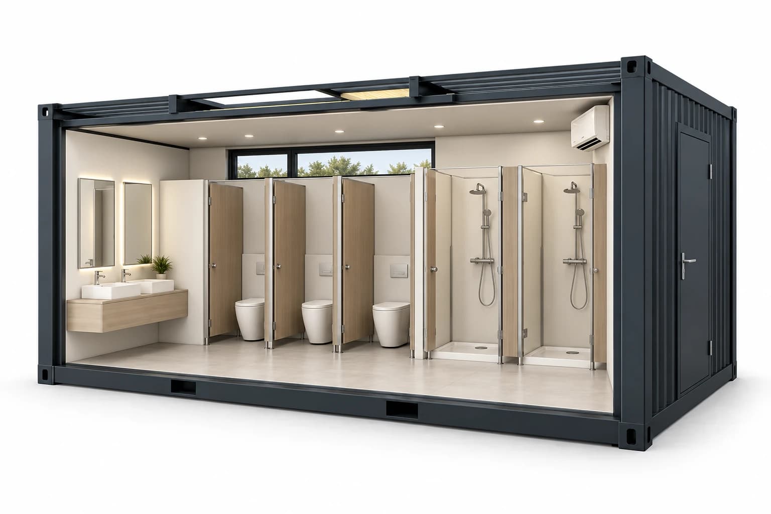 Vue intérieure du bloc sanitaire avec 3 WC + 2 douches